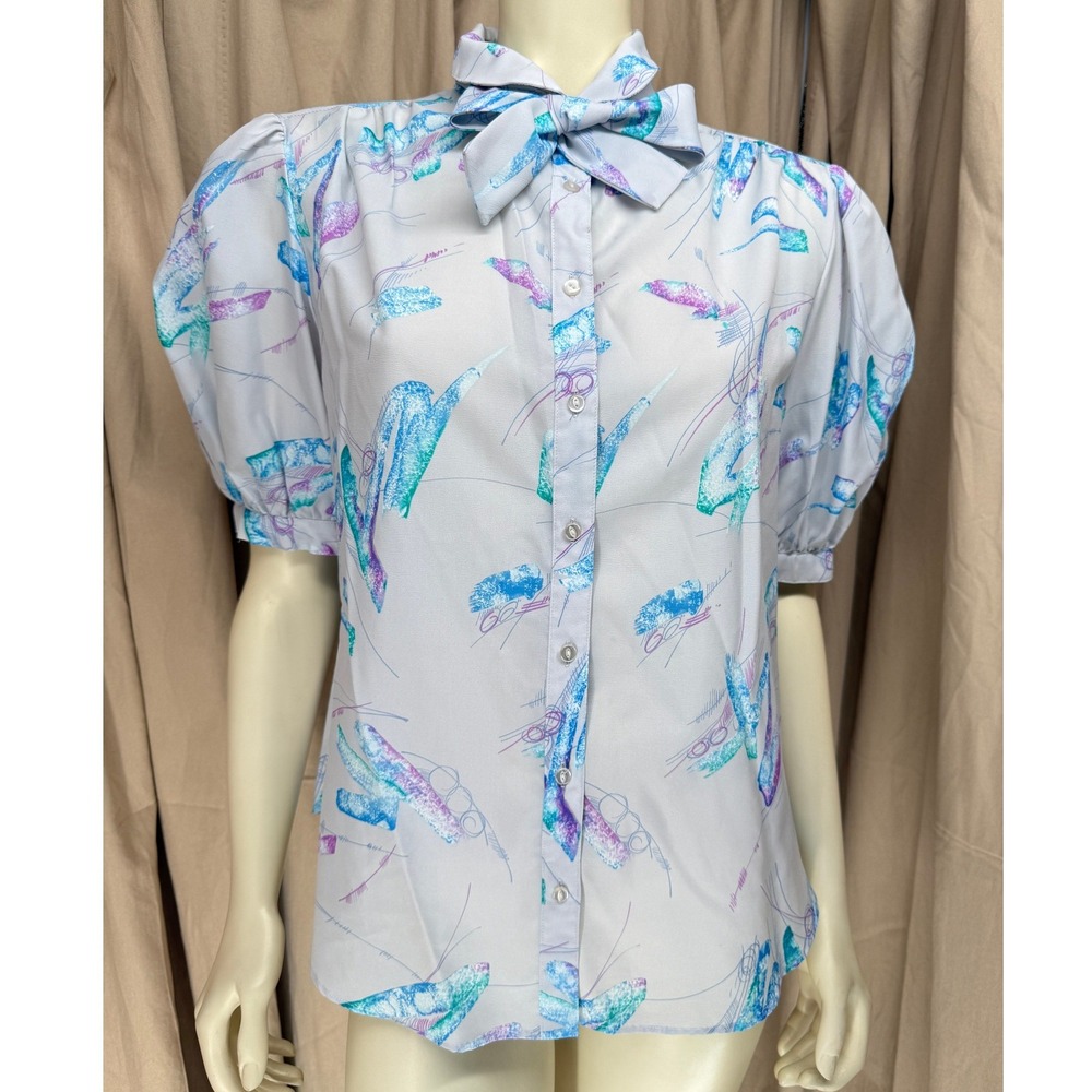 Vintage Pykettes Pastel Abstract Tie Neck Puff Sleeve Blouse Size 18